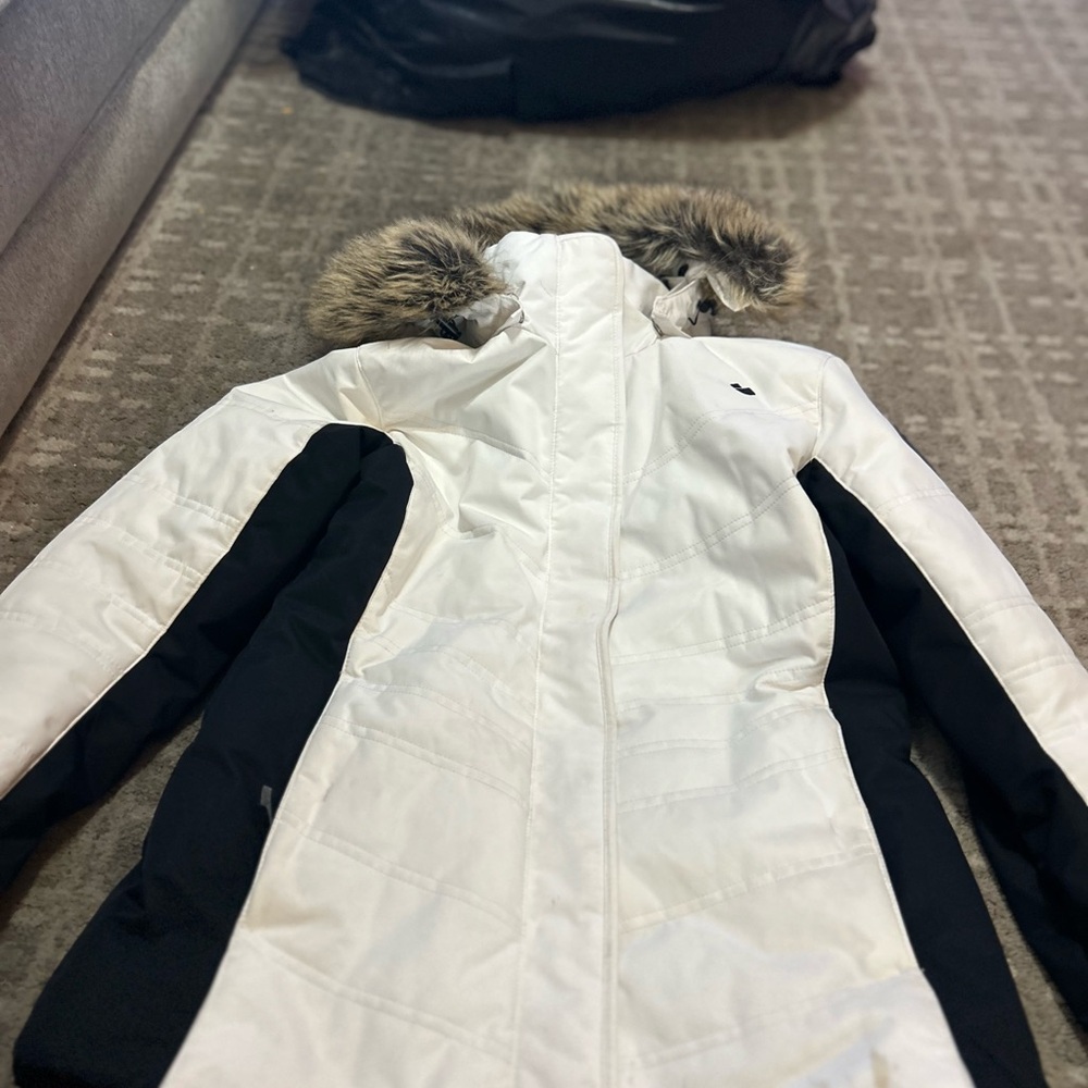 Women's White and Black Fur-Trimmed Jacket